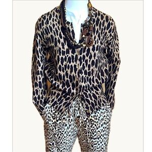JONES NEW YORK Leopard Animal Print Striped Back Cotton Knit Cardigan M